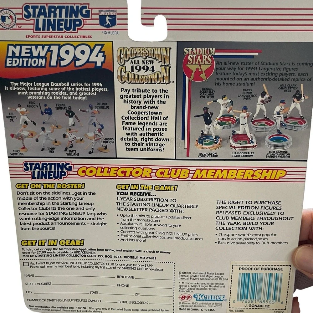 1994 Starting Lineup Juan Gonzalez Texas Rangers Action Figure Card MLB 5